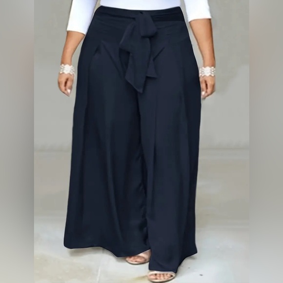 Plus Size Solid Wide Leg Pants, Casual Tie Waist Pants - Picture 1 of 3